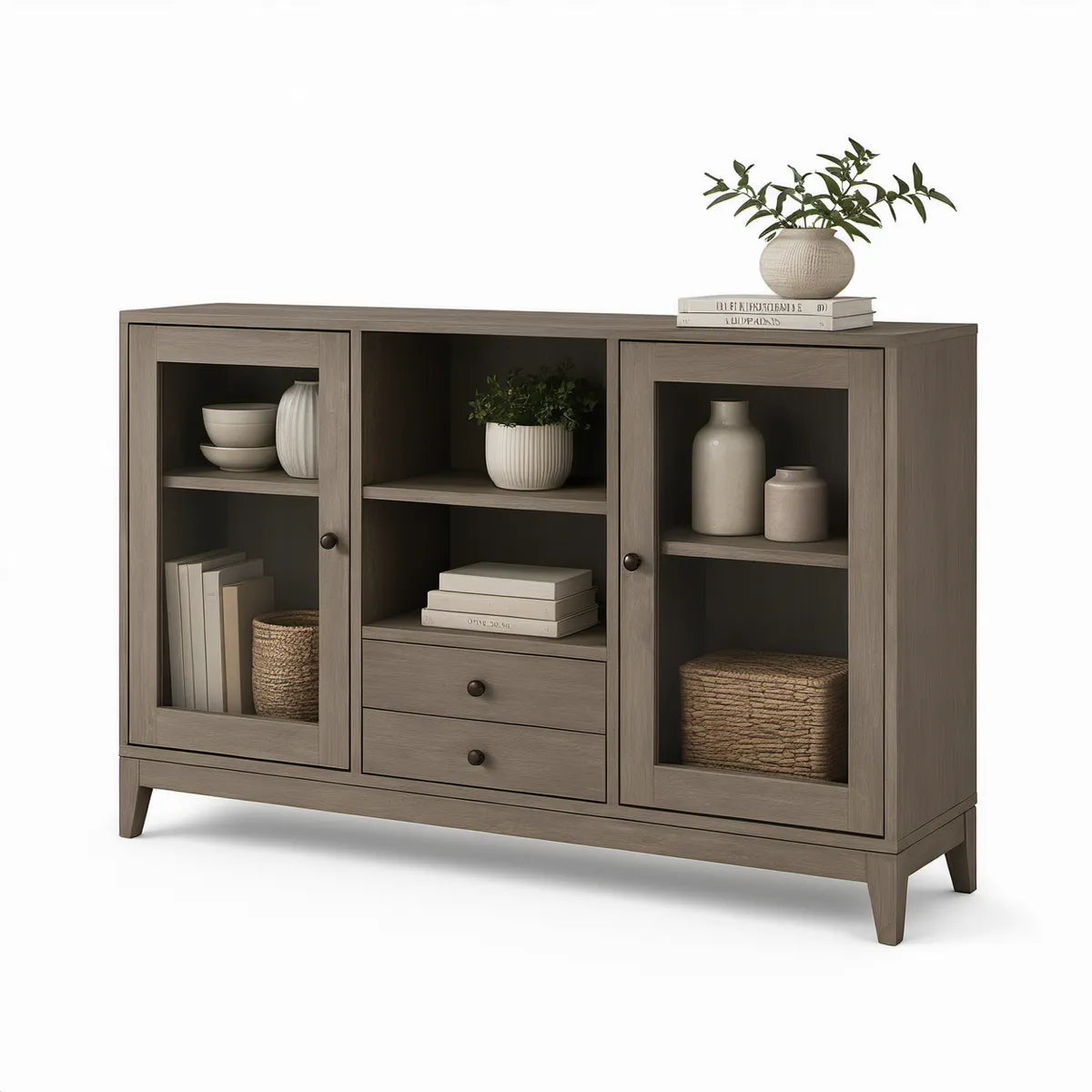 Vitrína z MDF se skleněnými dvířky v šedohnědém dekoru, 150 × 40 × 100 cm