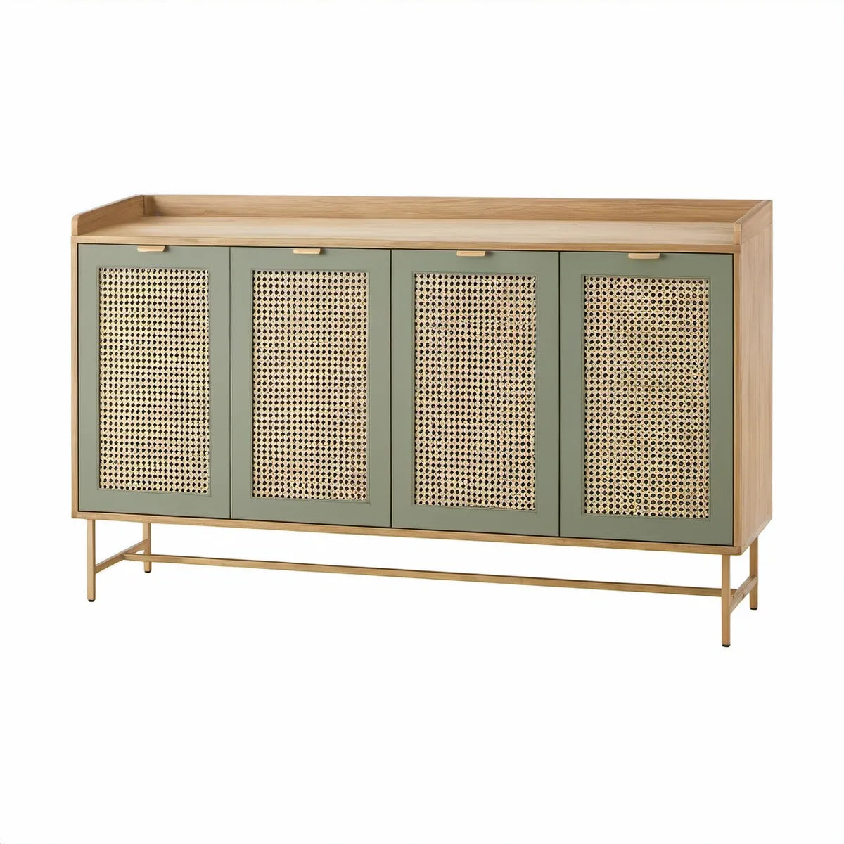 Příborník se 4 dvířky z MDF a přírodního ratanu, zelený a dubový, 160 × 40 × 90 cm